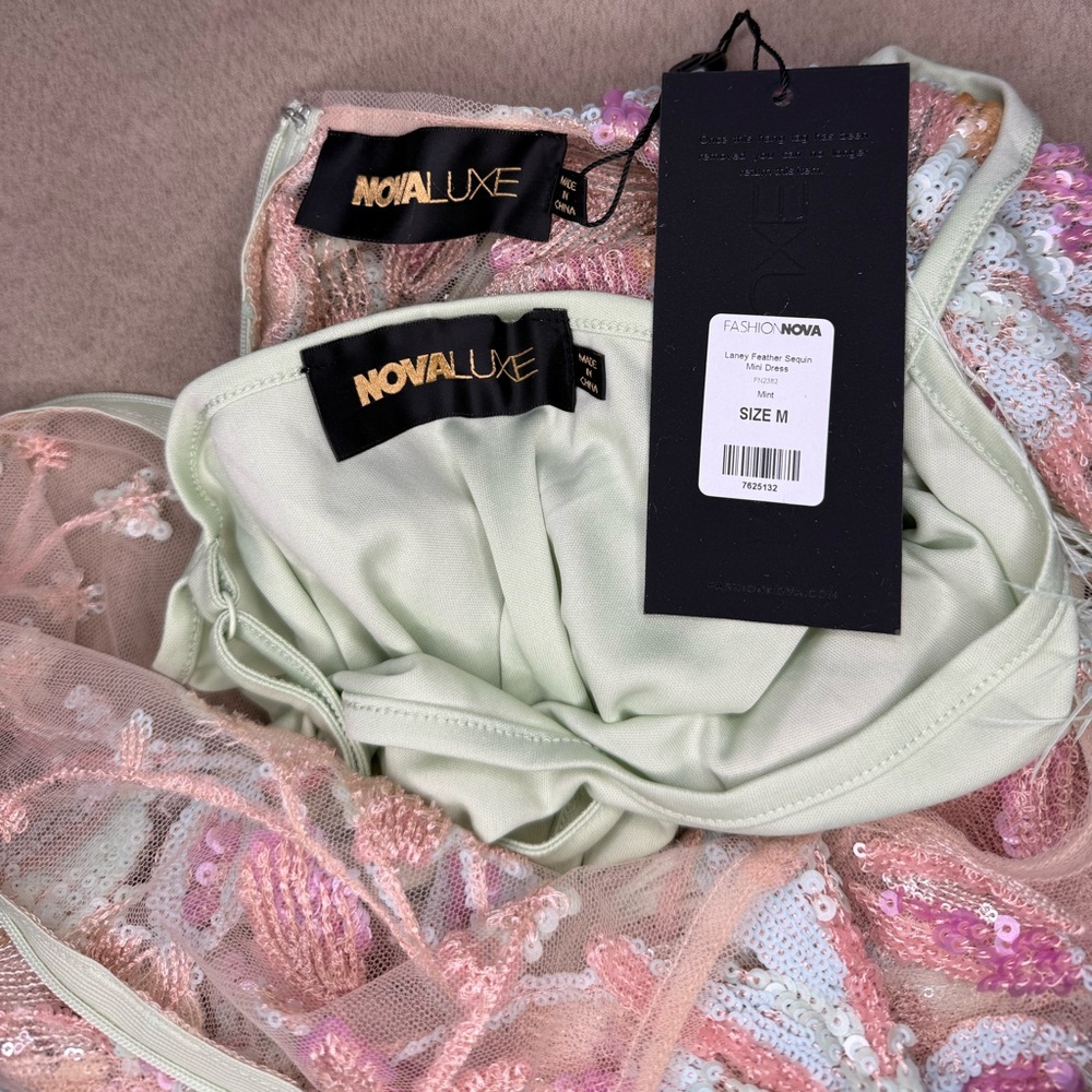 Fashion Nova Luxe Laney Feather Sequin Mini Dress Mint Green Colorful Small NEW - Picture 4 of 12